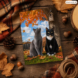 Fall Season Cats Sitting Under Maple Tree  Postcard