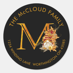 Fall Season Gnome Monogram Letter M Address Label