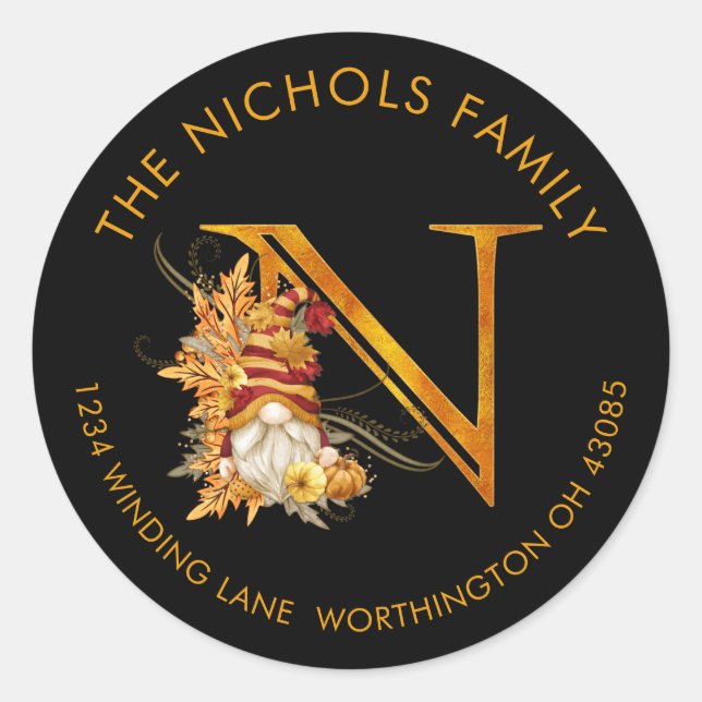 Fall Season Gnome Monogram Letter N Address Label (Front)