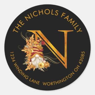 Fall Season Gnome Monogram Letter N Address Label