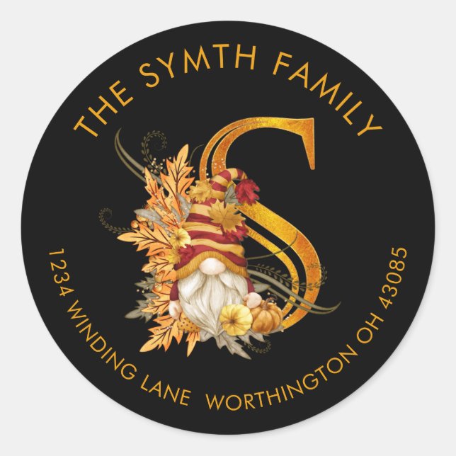 Fall Season Gnome Monogram Letter S Address Label (Front)