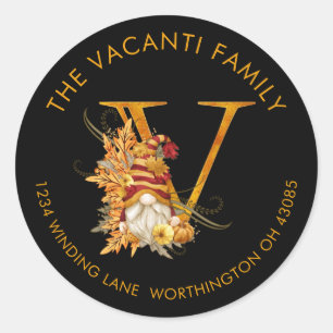 Fall Season Gnome Monogram Letter V Address Label