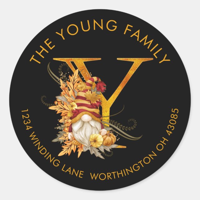 Fall Season Gnome Monogram Letter Y Address Label (Front)