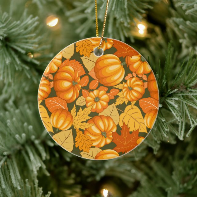 Fall Season Halloween Pumpkins Pattern Ceramic Ornament (Tree)