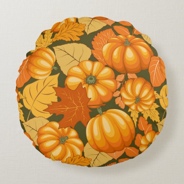 Fall Season Halloween Pumpkins Pattern Round Pillow (Front)
