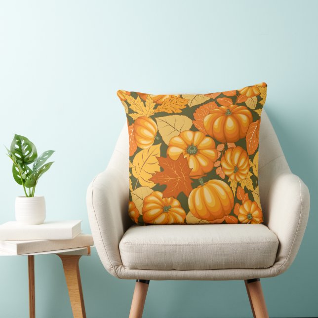 Fall Season Halloween Pumpkins Pattern Throw Pillow (Chair)