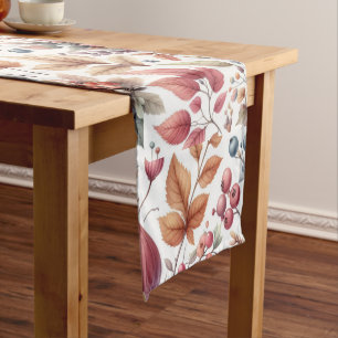 Fall Season Leaves Berries on White  Short Table Runner