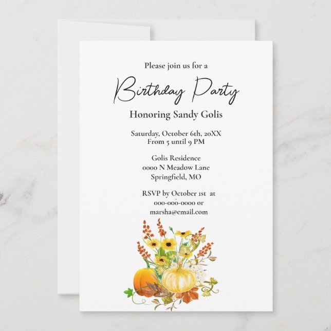 Fall Season Pumpkin Birthday Party  Invitation (Front)