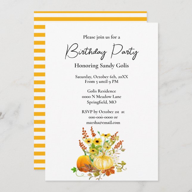 Fall Season Pumpkin Birthday Party  Invitation (Front/Back)