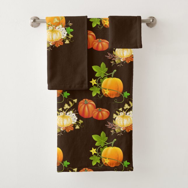 Fall Season Pumpkins Bathroom Brown Bath Towel Set (Insitu)