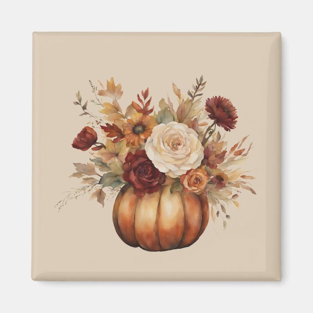 Fall Season-Watercolor Pumpkin and Flowers- Magnet (Front)
