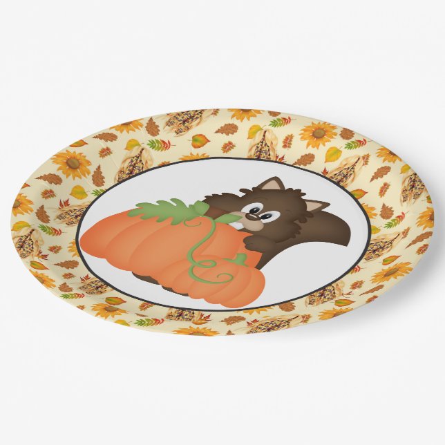 Fall Seasonal squirrel party paper plates (Angled)