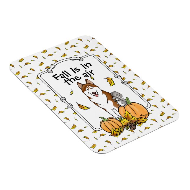 Fall Siberian Husky (red) Pumpkins Leaves Cute Magnet (Right Side)