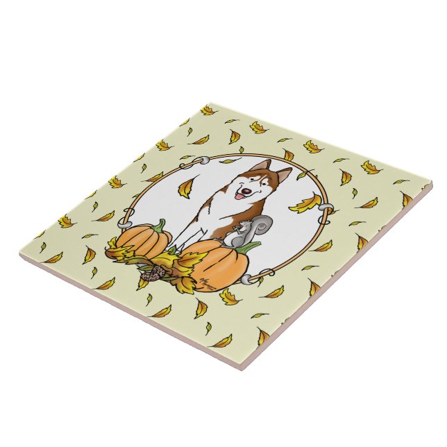 Fall Siberian Husky (red) Pumpkins Leaves Cute Tile (Side)