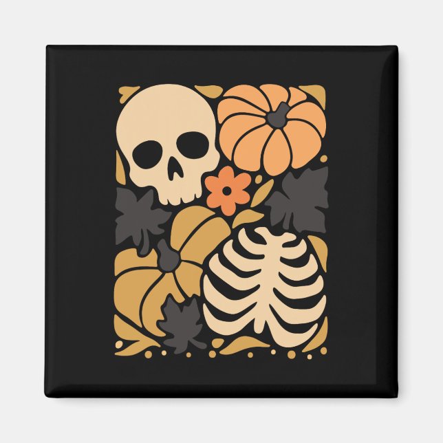 Fall Skeleton Pumpkin Floral Folk Halloween  Magnet (Front)