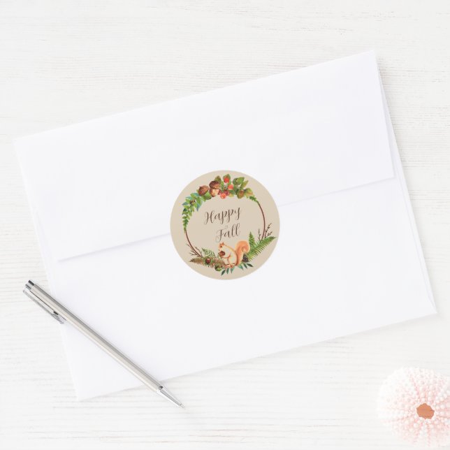 Fall squirrel and nature with customizable text  classic round sticker (Envelope)
