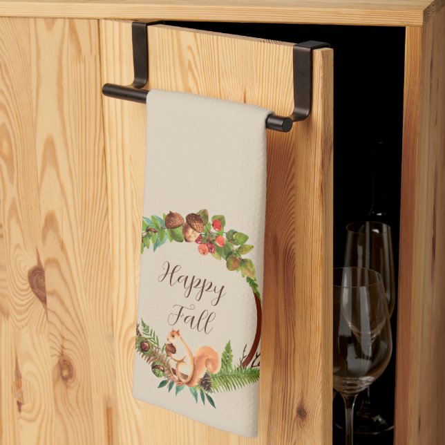 Fall squirrel and nature with customizable text  kitchen towel (Thirds Fold)