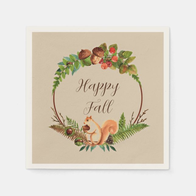 Fall squirrel and nature with customizable text  napkin (Front)