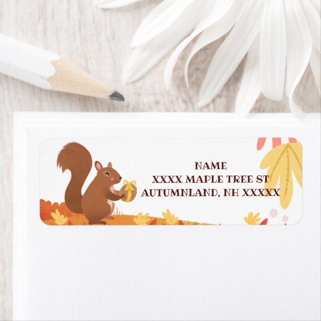 Fall Squirrel with Nut and Fall Leaves Label (Insitu)