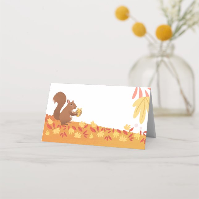 Fall Squirrel with Nut and Fall Leaves Place Card (Front)