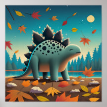 Fall Stegosaurus with Leaves: Cute Wall Art