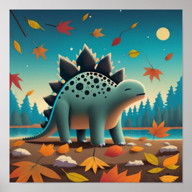 Fall Stegosaurus with Leaves: Cute Wall Art (Front)