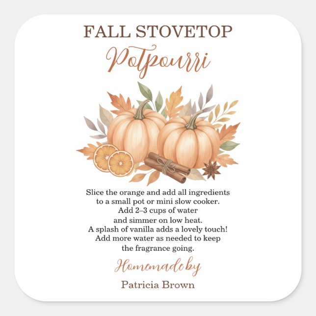 Fall Stovetop Potpourri Recipe Pumpkin Square Sticker (Front)
