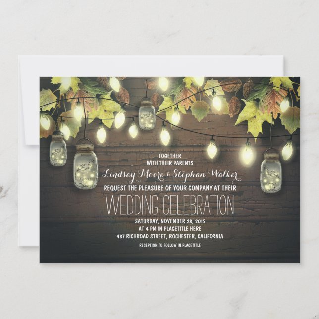 Fall String Lights and Mason Jars Rustic Wedding Invitation (Front)
