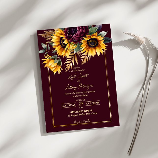 Fall summer wedding burgundy sunflowers invitation (Fall summer rustic burgundy sunflowers wedding invitation editable template instant download)