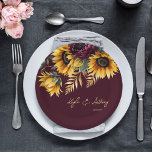 Fall summer wedding burgundy sunflowers template paper plate<br><div class="desc">Fall summer wedding Burgundy and yellow sunflowers greenery burgundy background gold frame boho rustic floral wedding template paper plates  personalized wedding tableware</div>