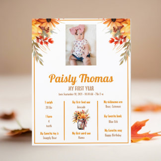 Fall Sunflower 1st Birthday Milestone Poster