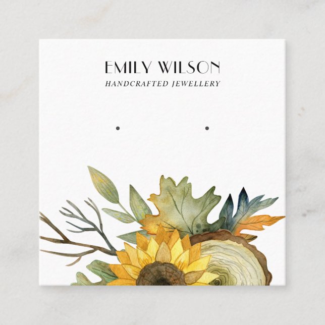 FALL SUNFLOWER AUTUMN WOOD STUD EARRING DISPLAY SQUARE BUSINESS CARD (Front)