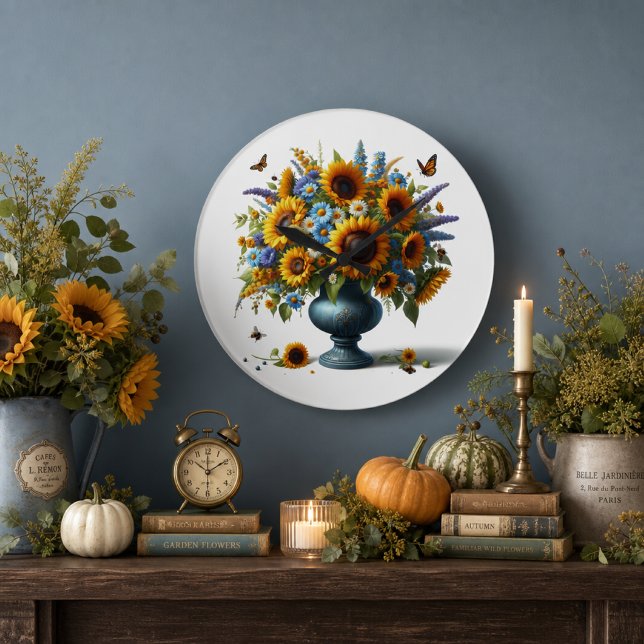 Fall Sunflower Bouquet Flower Botanical Vintage Large Clock (Creator Uploaded)