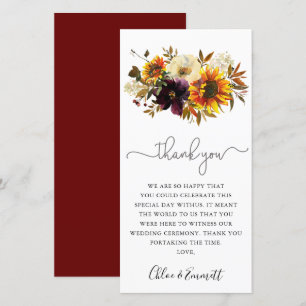 Fall Sunflower Burgundy Floral Wedding Thank You