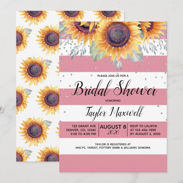 Fall sunflower dusty rose pink bridal shower invitation (Front/Back)