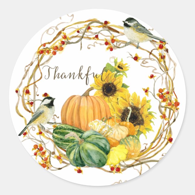Fall Sunflower Pumpkin Floral Thankful Script Art Classic Round Sticker (Front)