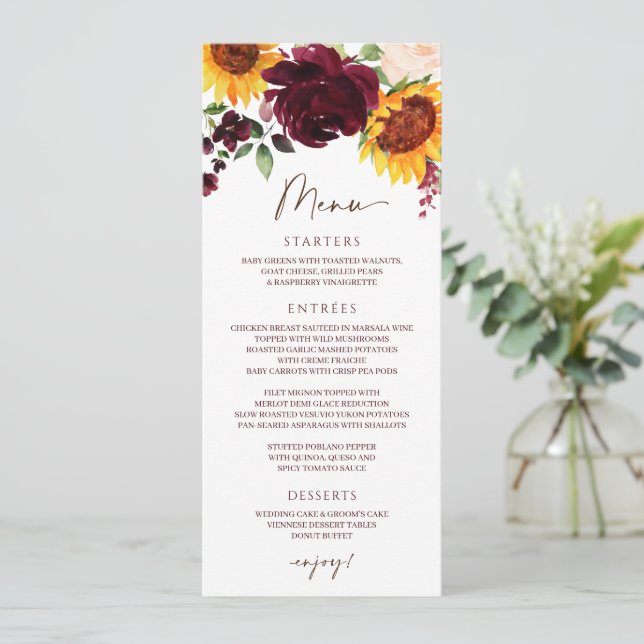 Fall Sunflower Roses Burgundy Red Wedding Menu (Standing Front)