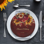 Fall sunflower wedding burgundy monogram printed paper plate<br><div class="desc">Fall wedding Burgundy roses yellow sunflowers greenery burgundy background personalized monogram printed paper plates template personalized wedding decor</div>