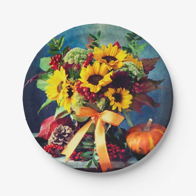 Fall Sunflowers and Bow, 7" Round Paper Plate (Front)