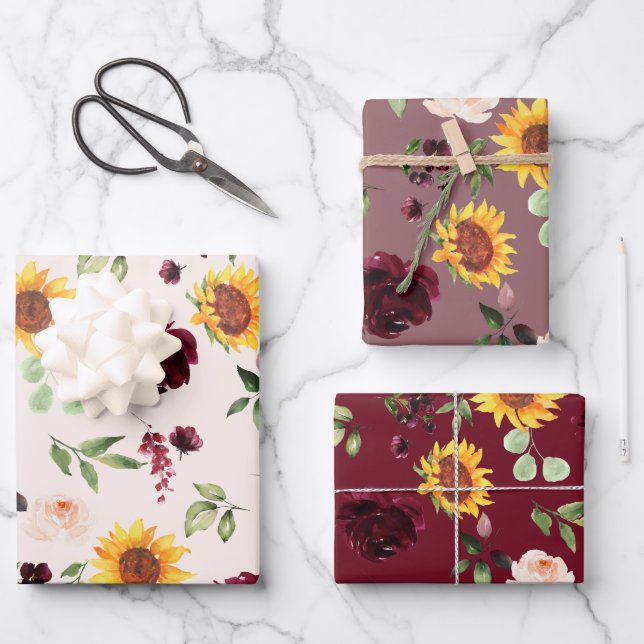 Fall Sunflowers and Burgundy Roses Bridal Shower Wrapping Paper Sheet (Front)
