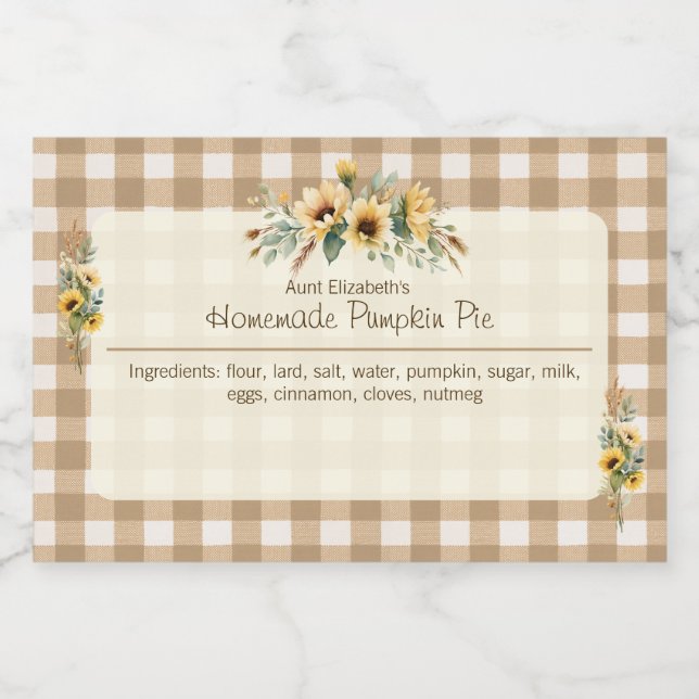 Fall Sunflowers Brown Gingham Floral  Food Label (Single Label)