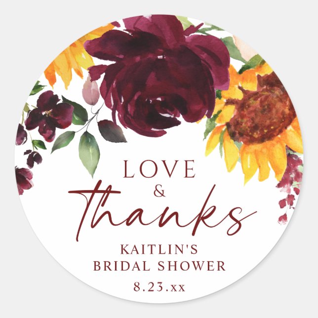 Fall Sunflowers & Burgundy Roses Bridal Shower Classic Round Sticker (Front)
