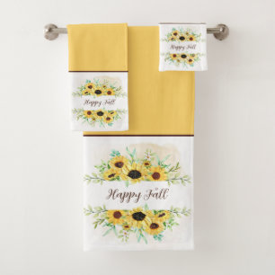 Fall Sunflowers frame with customizable text  Bath Towel Set
