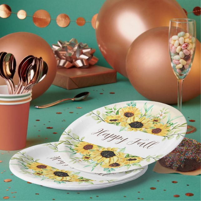 Fall Sunflowers frame with customizable text  Paper Plate (Multi)