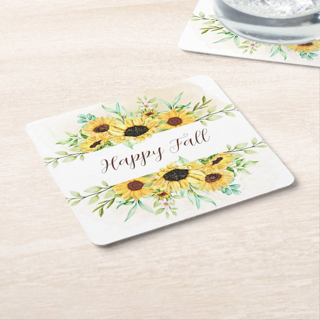Fall Sunflowers frame with customizable text Square Paper Coaster (Angled)