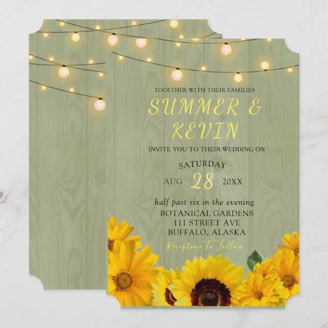 Fall Sunflowers Sage Wood string Of Lights Wedding Invitation (Front/Back)