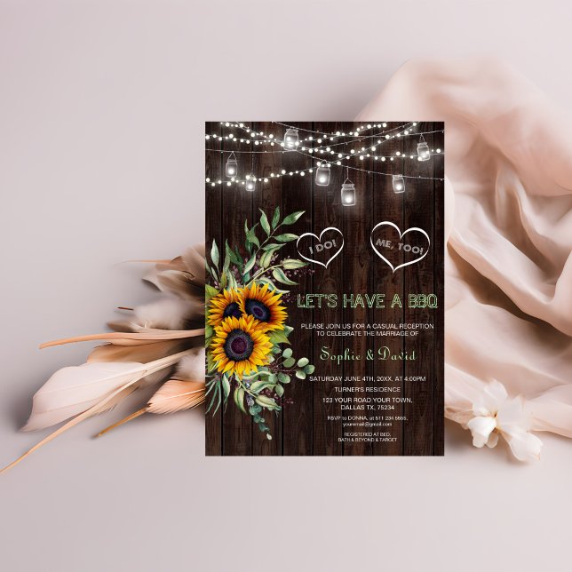 Fall Sunflowers String Lights Barn Wood I DO BBQ Invitation (Creator Uploaded)