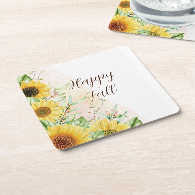 Fall sunflowers with customizable text  square paper coaster (Angled)