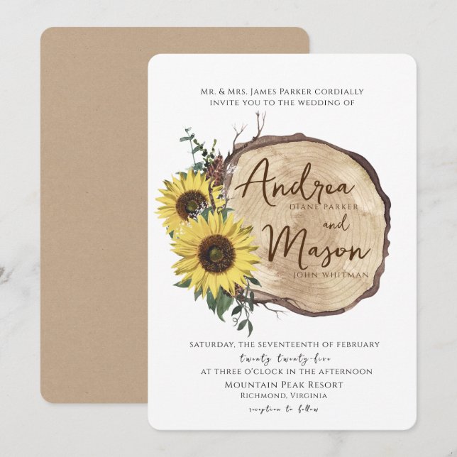 Fall Sunflowers Wood Slice Rustic Wedding Invitati Invitation (Front/Back)