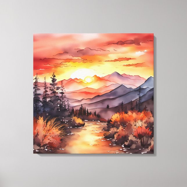 Fall Sunset on the Mountain Watercolor Canvas Print (Front)